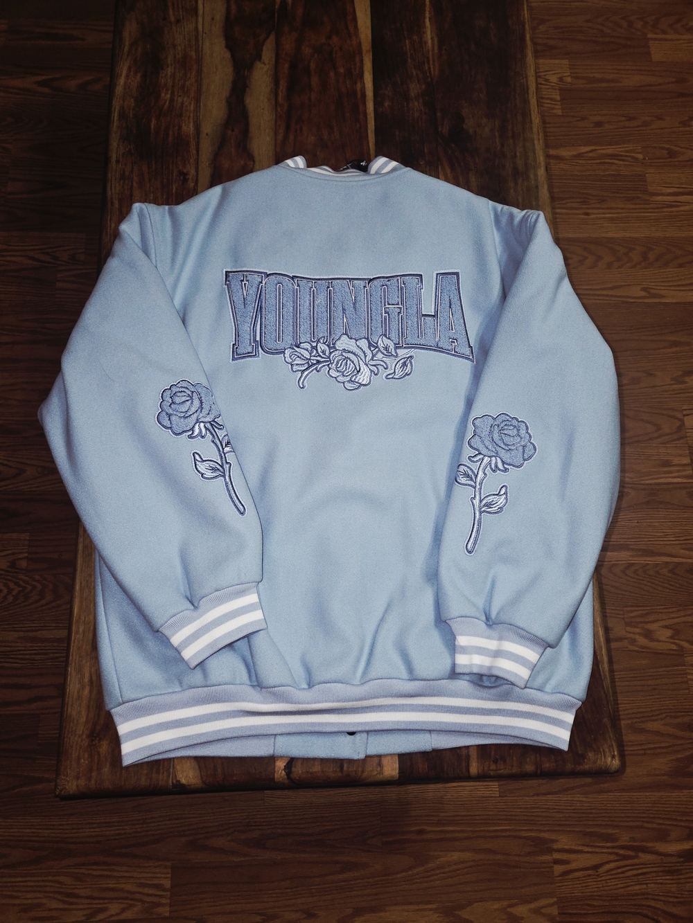 YoungLA Baby Blue Unisex Varsity Jacket with Rose Embroidery